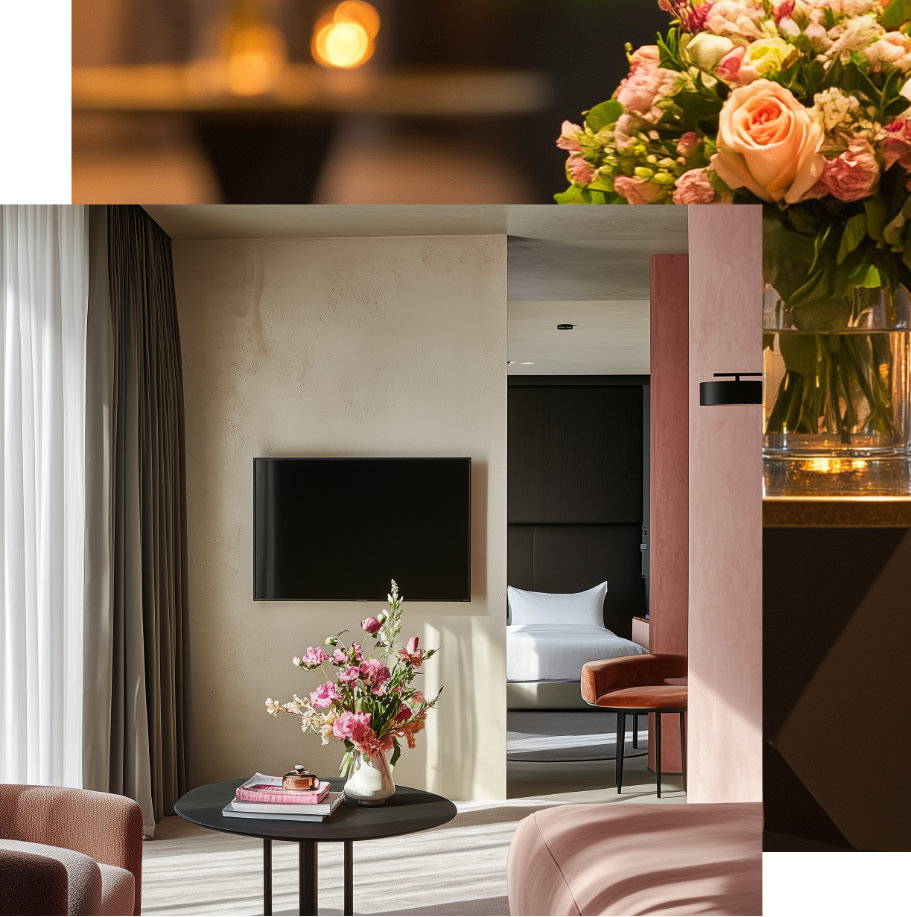Florale Hotelzimmerdekoration mit Rosenstrauß auf Beistelltisch – Floristik für Gastronomie