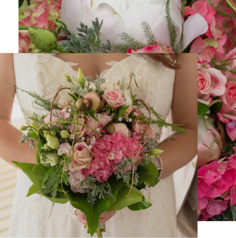 Brautstrauß mit Rosen, Hortensien und Pfingstrosen in Rosatönen
